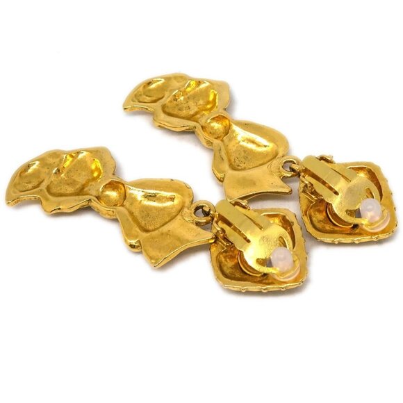 Chanel Bow Rhombus Dangle Earrings Clip-On Gold - Picture 3 of 4